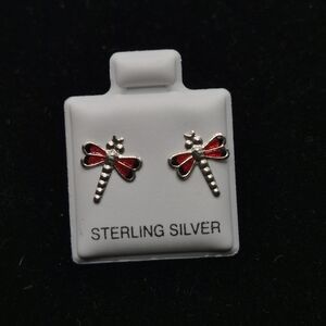 .925 Sterling Silver Red Orange Dragonfly Stud Earrings, Jewelry